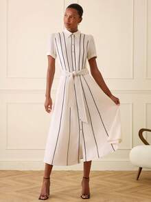 Lilora 女士优雅条纹腰带短袖衬衫裙 - 白色 - 查看 5