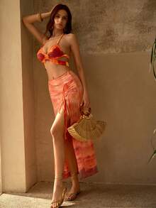 MOTF PREMIUM SUMMER TIE DYE PRINT BEADED & SEQUIN TIE-FRONT BEACH COVER-UP SKIRT FOR WOMEN - Multicolor - View 6