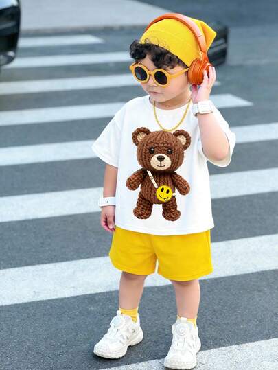 SHEIN 2pcs/Set Unisex Baby Toddler Cute Teddy Bear Short Sleeve T-Shirt And Shorts Set, Spring/Summer Baby Boy Clothes, Outfits