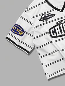 ROMWE MEN Men's Summer Casual Striped Letter Print V-Neck Short Sleeve T-Shirt - Multicolor - View 4