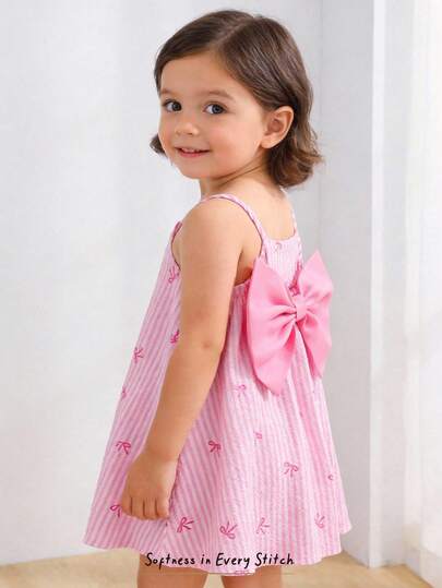 Cozy Pixies Vestido sin mangas con diseño de lazo y rayas para bebé niña/niña pequeña, diseño sin espalda, adecuado para el verano, lindo y dulce, cómodo y versátil, adecuado para vacaciones, fiestas, San Valentín, salidas, playa, viajes, elegante, campo, multiocasión