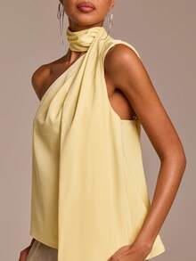 COSMINA Women's Elegant Pleated Halter Tie Fitted Sleeveless Blouse, Satin Asymmetric Commuter Versatile Office Boho Vacation Elegant Daily Date Valentine's Day Outfit - Yellow - View 5