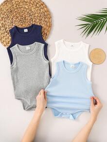 SHEIN 4件套可爱休闲纯色针织连体衣，适合男宝宝/女宝宝，春夏皆宜 - 彩色 - 查看 3
