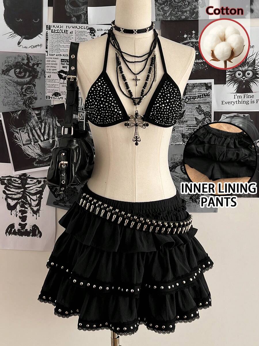 Attitoon Saia de Bolo Feminina com Três Camadas, Decoração de Rebite de Renda Estilo Vintage Casual, Forro Adequado para Vintage, Sexy, Fofo, Y2K, Coconut Girl, Boho, Oeste, Boêmio, Hippie, Festival de Música, Punk Retrô, Shibuya Gyaru - Preto - Visão 1