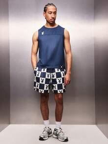 PLAYBOY X SUMWON Checkerboard Pattern Pull On Nylon Shorts With Elastic Waist For Casual Summer Streetwear Style - Blue - View 3