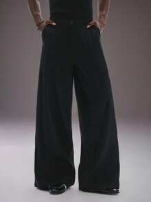 STYNVO 男士纯色宽松斜插口袋休闲阔腿裤 男士阔腿裤 男士侧开衩喇叭裤 宽松裤 - 黑色 - 查看 3