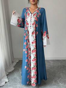 Al Najma 女士优雅V领印花阿拉伯风格连衣裙 - 霧霾藍 - 查看 7
