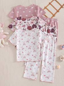 Baby Girls' Pink Floral Rabbit Bow Print Short Sleeve Top And Pants Set - Multicolor - View 2