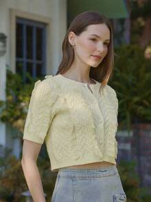 WESTFADE Pale Yellow Autumn Elegant Everyday Crewneck Mixed Cable Knit Short Sleeve Ruffle Cropped Cardigan,Boho Resort Summer Vacation Beach Festival Women's - White - View 5