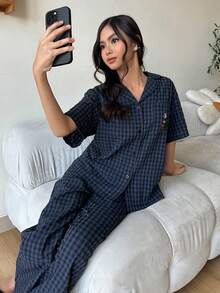 DAZY 少女卡通熊条纹短袖纽扣上衣和长裤睡衣套装 - 藏蓝色 - 查看 2