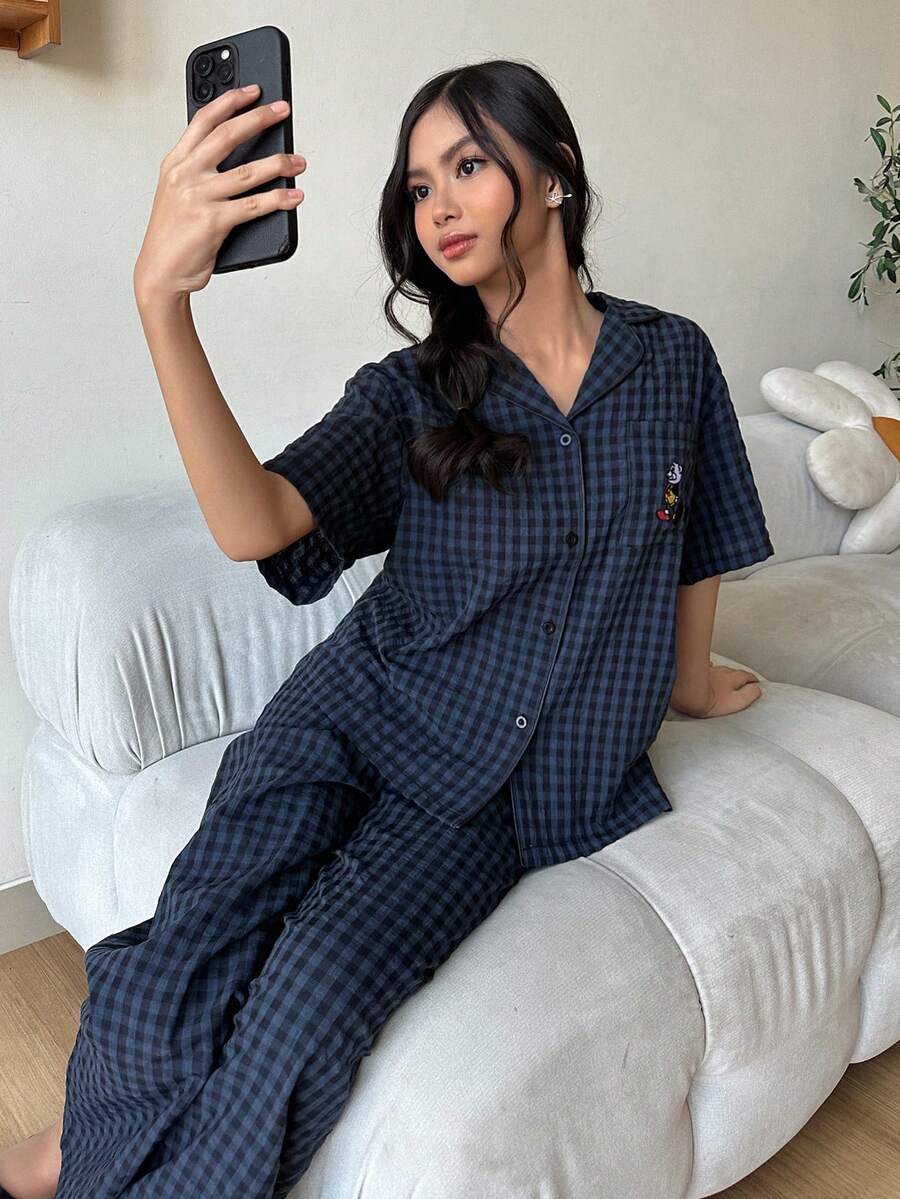 DAZY Teen Girl Cartoon Bear Striped Short Sleeve Button-Up Top And Long Pants Pajama Set - Navy Blue - View 1