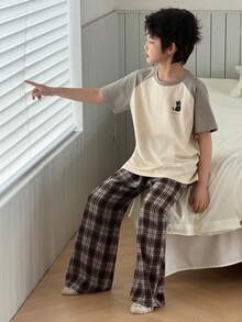 DAZY Tween Boy Letter & Cartoon Cat Print Raglan Sleeve Top And Plaid Pants Pajama Set - Apricot - View 1