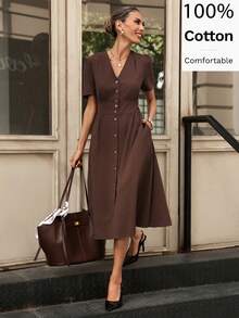 Editum 女士优雅亚麻棉V领休闲连衣裙，适合工作、通勤及多种场合 - 咖啡棕 - 查看 2