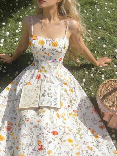 SHEIN MOD Women's Floral Print Embroidered Fabric Mid-Length Dress,Wedding Guest Dress For Women, Spring/Summer Dress, Vacation,Floral Dress,Party Dress, Holidays, Birthday,Festival,Wedding Garden Party Dresses Floral Formal Wear,Elegant Dresses