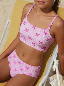 SHEIN 少女比基尼套装，可爱粉色条纹蝴蝶结针织面料吊带上衣和泳裤两件式泳装，时尚休闲优雅，适合游泳、夏季度假、海滩、泳池、节日派对 - 粉色 - 查看 3