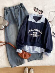 SHEIN Set de 2 piezas Pantalones vaqueros y blusa a rayas con estilo colegial y parches para niñas, apropiado para uso diario y actividades al aire libre - Azul Marino - Ver 4