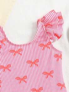 SHEIN 女婴粉色条纹蝴蝶结印花连体泳衣 - 彩色 - 查看 4