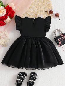 SHEIN Baby Girl Elegant Cute Black And White Summer Party Dress Cute Sweet Casual Spring Outfit With 3D Bow Ruffle Sleeves - Black and White - View 2