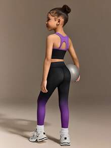 Bộ đồ thể thao gồm áo croptop không tay và quần legging in họa tiết ombre tím đen, chất liệu co giãn cao, ôm sát tôn dáng, thích hợp cho đạp xe, chạy bộ, tập luyện, dành cho bé gái. - Nhiều màu - Xem 7