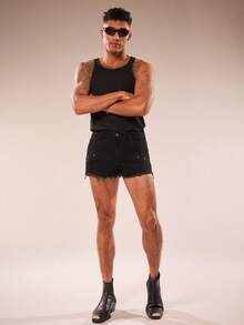 FeverCity 男士水洗弹力宽松牛仔短裤 - 黑色 - 查看 7