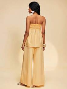 Travachic 2026 New Women's Romantic Vacation Cream Yellow Strapless Loose Top With Ruffle Hem & Long Pants With Pockets - Pale Yellow - View 2