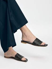 Mnmlis Women's Flat Sandals, Spring/Summer Fashion New Woven PU Material Minimalist Casual Style Classic Strap Flat Slide Sandals - Black - View 6