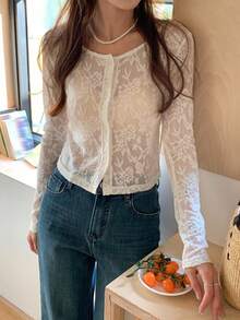 DAZY Women's Summer Round Neck Long Sleeve Fitted Lace Textured Sheer Open Front Casual T-Shirt - Apricot - View 1