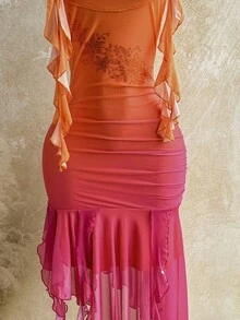 Soleia 女士日落渐变橙色水钻花卉网纱荷叶边连衣裙，适合海滩、邮轮、城市度假、音乐节、波西米亚风、海滩度假村、海岛度假村、海滩假日、音乐节等场合，四季皆宜，日常通勤也适用。 - 亮橙色 - 查看 5