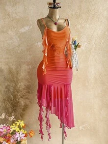 Soleia 女士日落渐变橙色水钻花卉网纱荷叶边连衣裙，适合海滩、邮轮、城市度假、音乐节、波西米亚风、海滩度假村、海岛度假村、海滩假日、音乐节等场合，四季皆宜，日常通勤也适用。 - 亮橙色 - 查看 11