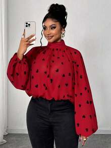 Truni Plus Size Women Elegant Heart Print Stand Collar Lantern Sleeve Ruffle Fashion Blouse, Suitable For Dates, Commuting, Parties, Valentine's Day, Daily Wear Long Sleeve Blouse Curve Blouse Lantern Sleeve Blouse Red Blouse Red And Black Top, For Pear & Triangle Body Shape - Multicolor - View 2