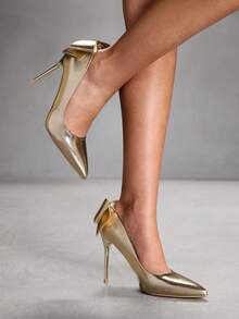 CUCCOO SZL 女士时尚高跟尖头蝴蝶结高跟鞋，适合通勤、约会、派对、婚礼等场合，春季鞋履，春假、复活节、舞会、圣诞节等场合皆宜。 - 金色1 - 查看 7