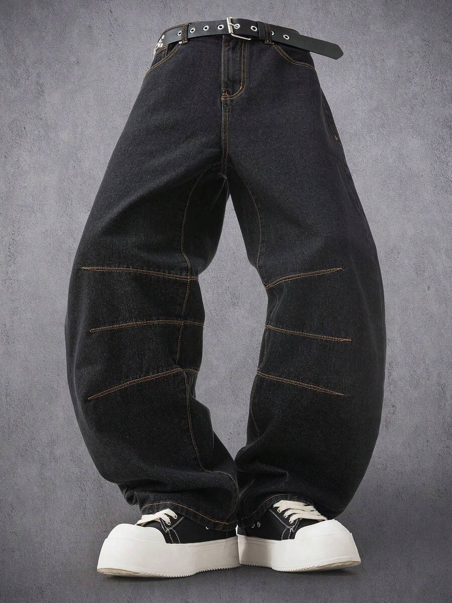 Manfinity Denimwave Jeans de mezclilla negra desgastada con efecto de bigotes de gato para hombre - Negro - Ver 1