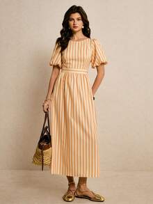 Poéselle Women's Orange And White Striped Puff-Sleeve Maxi Dress,Backless Tie-Bow Waist Elegant Summer Vacation Holiday Beach Sundress,Flowy A-Line Boho Outfit - Pale Yellow - View 5