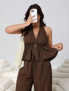 SHEIN EZwear Bộ đồ 2 mảnh cỡ lớn, màu trơn, kiểu áo yếm hở lưng và quần. - màu nâu - Xem 5