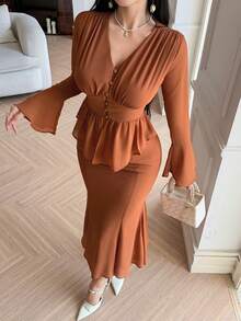 DAZY Elegant & Chic Bell Sleeve Top And Skirt 2 Pieces Set For Women - Coral Orange - View 5