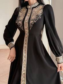 DAZY Long Sleeve Round Neck Gold Thread Embroidered Cinched Waist Single-Breasted Slim Fit Dress - Black - View 6