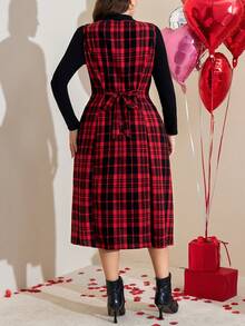 SHEIN LUNE 加大码春季女式红色格子纽扣前襟方领无袖优雅中长连衣裙，腰部系带，适合情人节穿着 - 彩色 - 查看 3