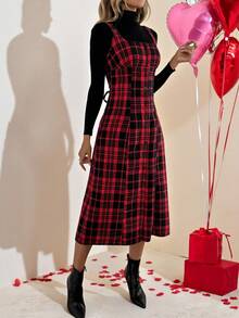 SHEIN LUNE 加大码春季女式红色格子纽扣前襟方领无袖优雅中长连衣裙，腰部系带，适合情人节穿着 - 彩色 - 查看 7