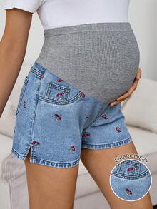 SHEIN Maternity Women's Cherry Embroidery Denim Shorts, Navy Blue Summer Casual Versatile Daily Patchwork Ribbed Belly Band Comfortable Chic Y2k Streetwear - Blue - View 1