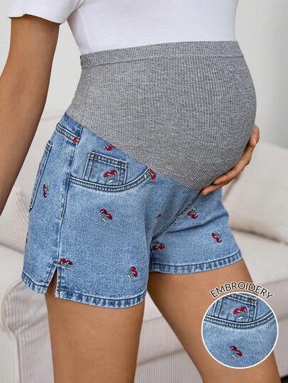 SHEIN 孕妇拼布樱桃刺绣休闲百搭日常牛仔短裤，春夏嘉年华服装通勤度假毕业时尚Y2K可爱街头风性感派对婚礼优雅商务休闲女式舒适孕妇牛仔短裤，饰有樱桃刺绣和罗纹束腹带，蓝色