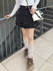 FRIFUL Minifalda de mezclilla lavada con volantes en el bajo para mujer - Negro - Ver 8