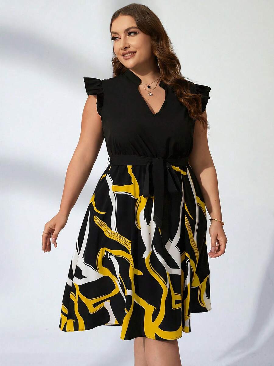 Chikora Plus Graphic Print Notched Neckline Ruffle Trim Belted Dress - Yellow - View 1