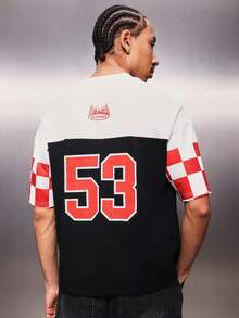 PLAYBOY X SUMWON Flame Logo Color Block Short Sleeve Crew Neck Regular Fit Number 53 Varsity Style Graphic Back Print Cotton Casual Streetwear Summer Weekend Wear - Black - View 1