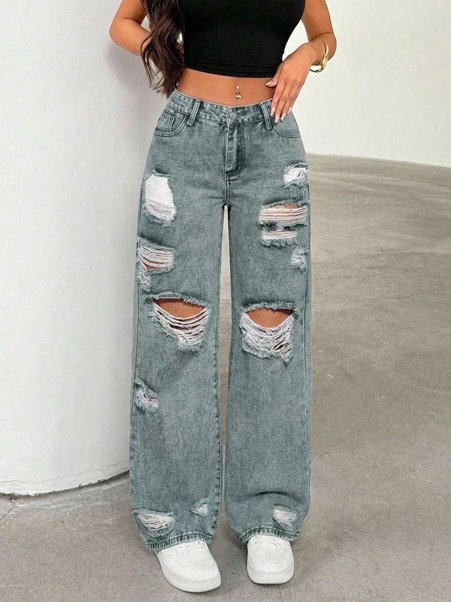 SHEIN Tall Women's Casual Fashion Street Chic Daily Commute Distressed Loose Straight Leg Jeans - Light Wash - View 1