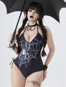 ROMWE Goth 哥特式性感百搭精致神秘时尚高对比度黑白蜘蛛网印花露背V领侧抽绳可调节连体泳衣，可作为内搭或单穿，适合节日、派对、度假等场合。 - 黑色 - 查看 6
