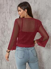 SHEIN Clasi Áo khoác voan mỏng tay bồng thắt nơ dành cho nữ - Màu Đỏ Sâu - Xem 2