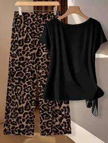 Rusticease 女士撞色豹纹系带蝴蝶结上衣和直筒宽松裤两件套，休闲款 - 彩色 - 查看 2