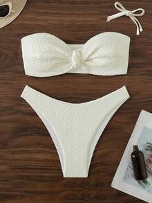 Swim Mod Summer Beach Twist Detail Strapless Bikini Set Wedding - Beige - View 1