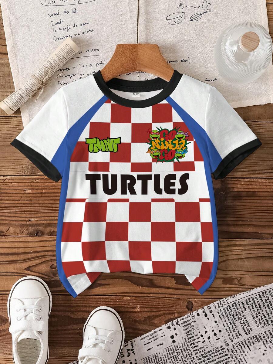TEENAGE MUTANT NINJA TURTLES | SHEIN Young Boys' Minimalist Print Round Neck Short Sleeve T-Shirt - White - View 1