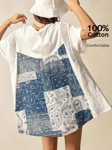 Bohemela Plus Size Women Summer Casual Vacation Patched Paisley Print Lace Patchwork Loose T-Shirt - Multicolor - View 1